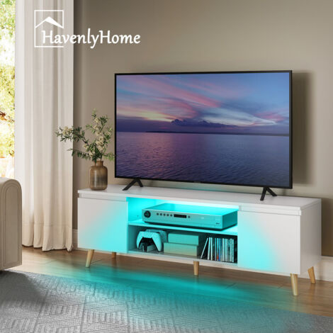 Meubl LED 140 cm HavenlyHome, Meubl en Bois avec 2 Portes et 2 Etagères, pour Salon et Chambre, Gris