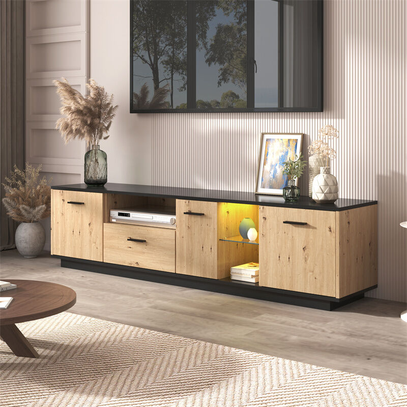 Fortuna Lai - Meuble tv led 15 lampes variables - TV-Board avec 1 tiroir + 3 portes + 2 compartiments plaque de toit noir - naturel 180x 40x 45cm