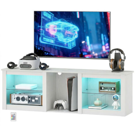 Meuble TV LED 160cm blanc, étagères verre réglables, pour écrans jusqu'à 70 pouces