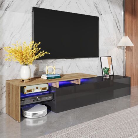 Meuble TV LED 170x33x33.5cm – 16 couleurs – 2 tiroirs et 2 compartiments – Surface brillante – Panneau de particules blanc et bois