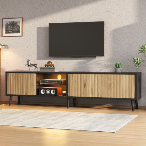 Meuble TV LED 175x31x43.5cm bois naturel noir, 6 pieds, verre trempé 3 casiers pour TV 75 pouces