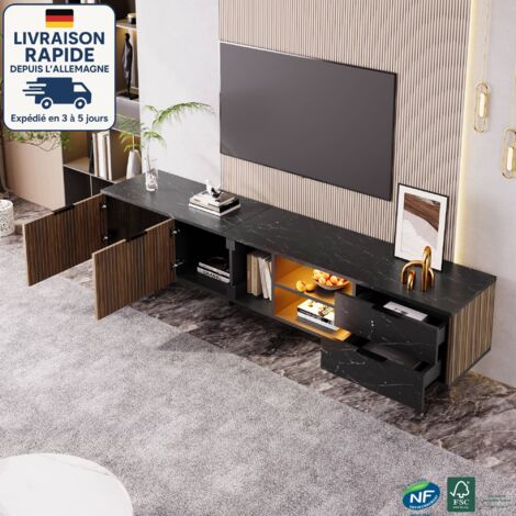 Meuble TV LED 200 x 38 x 50 cm avec 2 tiroirs et 2 portes, compatible avec téléviseur 50 pouces, finition dorée, sans poignées, idéal pour le salon, MDF, noir