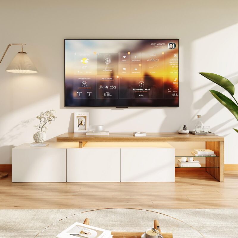 Meuble TV LED - 200x39x42cm - Design Moderne - avec Rangement, Étagères Verre & Éclairage Multicolore - Blanc et Bois