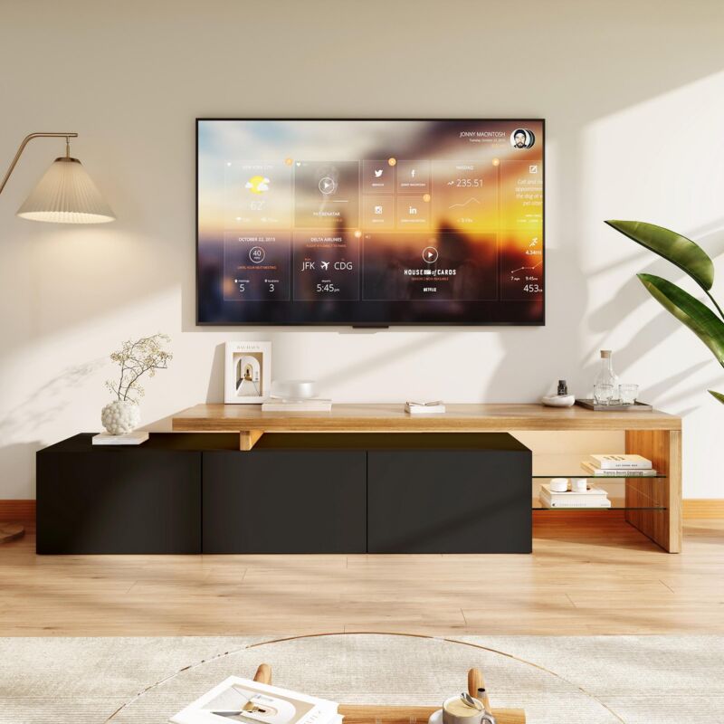 Meuble TV LED - 200x39x42cm - Design Moderne - avec Rangement, Étagères Verre & Éclairage Multicolore - Noir et Bois