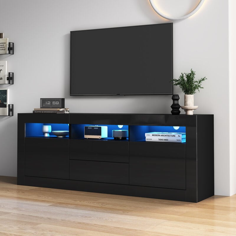 Meuble tv, led, 3 compartiments ouverts, 2 portes, 2 tiroirs, contrôlé par app, 160x35x60cm pour tv 70', noir