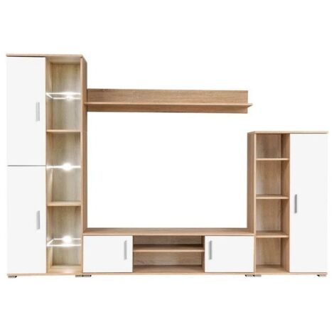 Meuble TV LED 4 pièces bois blanc et chêne clair Kynik 260cm