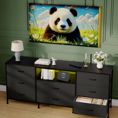 Meuble TV LED avec 8 Tiroirs, Banc TV 160 cm, Éclairage LED Intégré, Cadre Acier & Panneaux de Particules, Rangement Spacieux, Gris