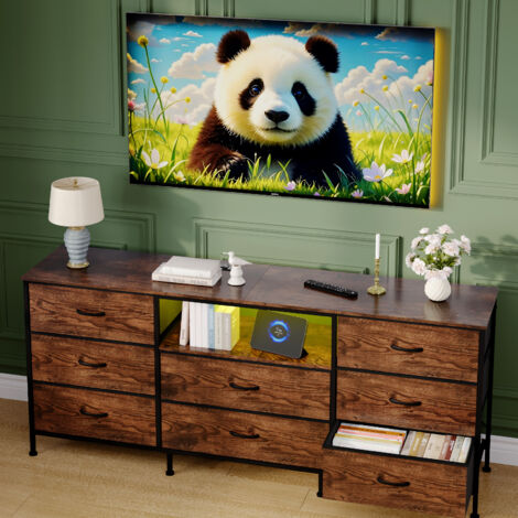 Meuble TV LED avec 8 Tiroirs, Banc TV 160 cm, Éclairage LED Intégré, Cadre Acier & Panneaux de Particules, Rangement Spacieux, Marron