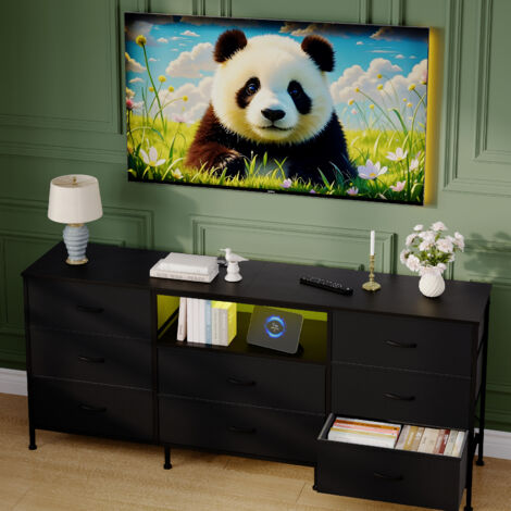 Meuble TV LED avec 8 Tiroirs, Banc TV 160 cm, Éclairage LED Intégré, Cadre Acier & Panneaux de Particules, Rangement Spacieux, Noir