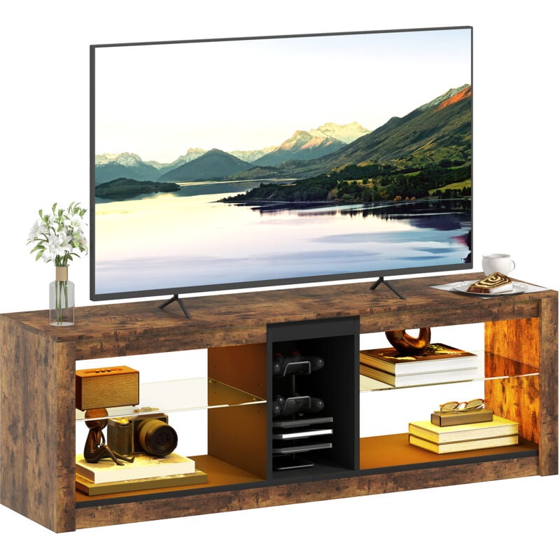 Homcom - Meuble tv led avec télécommande - banc tv design industriel - 2 étagères verre, niche centrale - effet bois noir