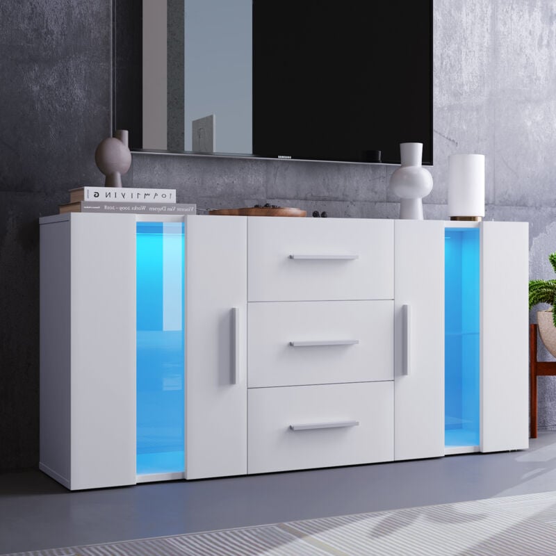 Meuble TV LED Blanc Brillant Moderne,Armoire Latéral 2 Portes 3 Tiroirs,Buffet Bas Salon Commode de Salle à Manger,140 x 35 x 70cm,Blanc