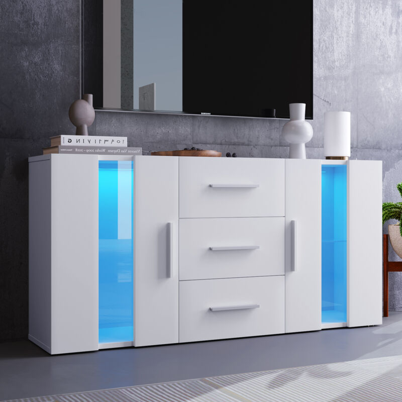 Keepbuying – Meuble TV LED blanc brillant moderne – 140 x 35 x 70 cm – Panneaux de particules – Éclairage multicolore – Support jusqu'à 50 kg