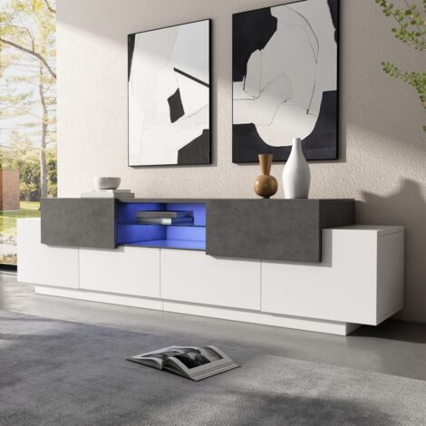 Meuble TV LED blanc gris, Commode TV basse moderne avec étagères en verre pour salon/chambre, Lowboard rangement pour téléviseurs 55-80 pouces, Centre divertissement multimédia gaming