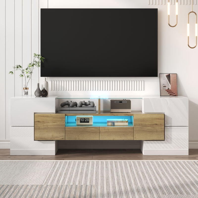 Meuble tv led Brillant 145x30x51 cm, Meuble de salon Design moderne,Surface en verre élégante,Blanc + Bois