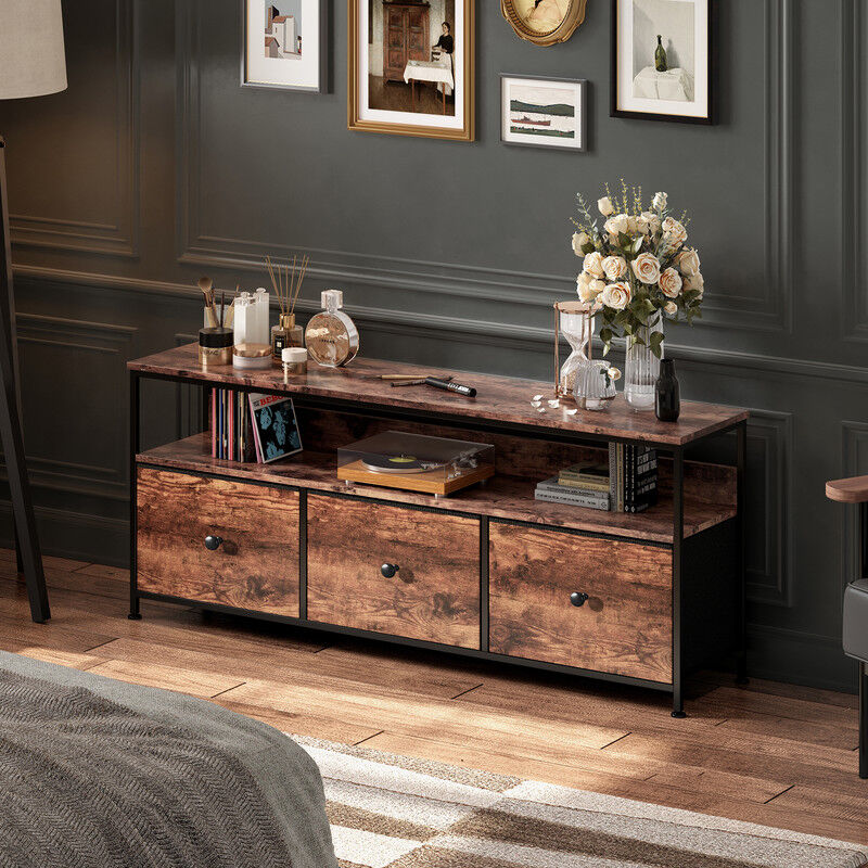 Meuble TV LED dans la Chambre, meuble 3 tiroirs dans la Chambre, commode avec tiroirs ouverts, meuble chambre avec prise de courant et lampe LED