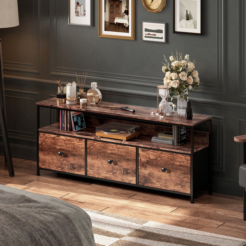 Sureh - Meuble tv led dans la Chambre, meuble 3 tiroirs dans la Chambre, commode avec tiroirs ouverts, meuble chambre avec prise de courant et lampe