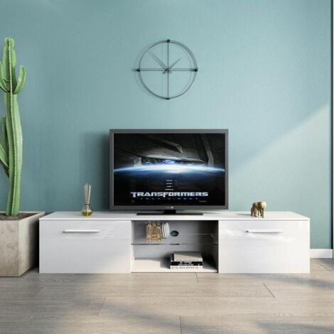 Meuble TV LED de 16 couleurs 2 portes et 2 etagères meuble télé pour chambre Moderne blanc