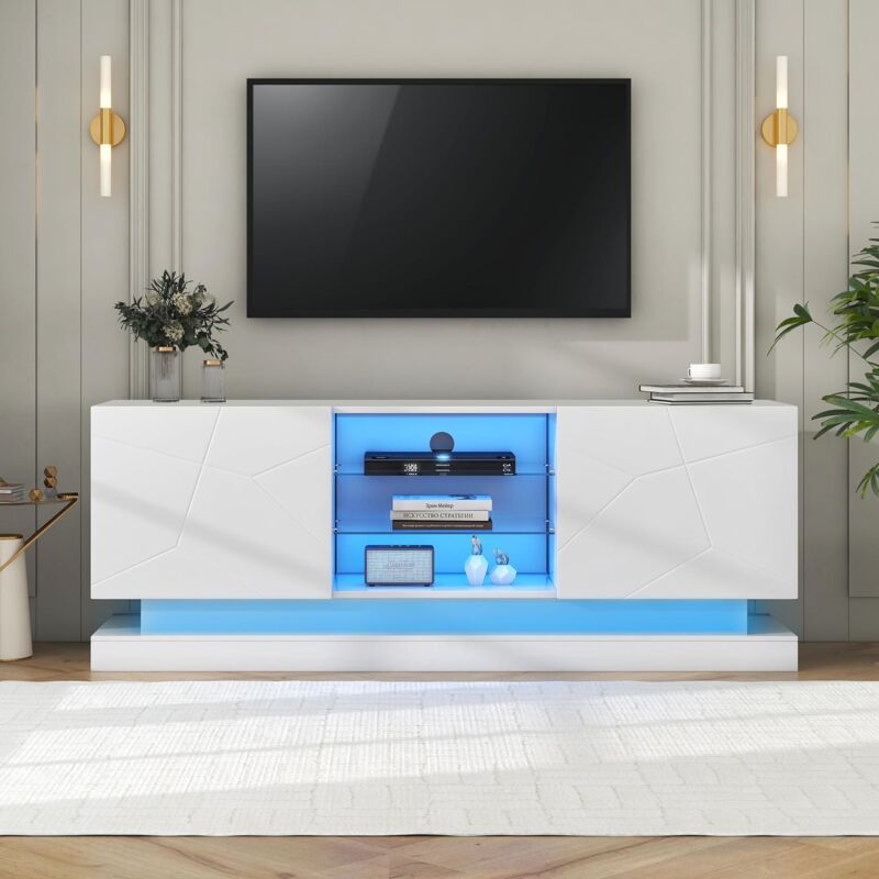 Meuble tv led givré blanc avec étagère en verre réglable,7 compartiments de rangement,Commode tv pour salon,160x38.5x60cm
