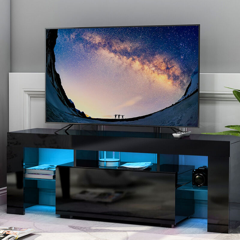 Merax - Meuble TV LED - Meuble TV brillant - Meuble TV 130cm - Noir - Lumière 16 Couleurs - Style Contemporain