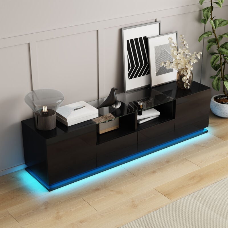 Meuble tv led noir, Meuble tv brillance avec étagères en verre, 2 tiroirs et 2 portes