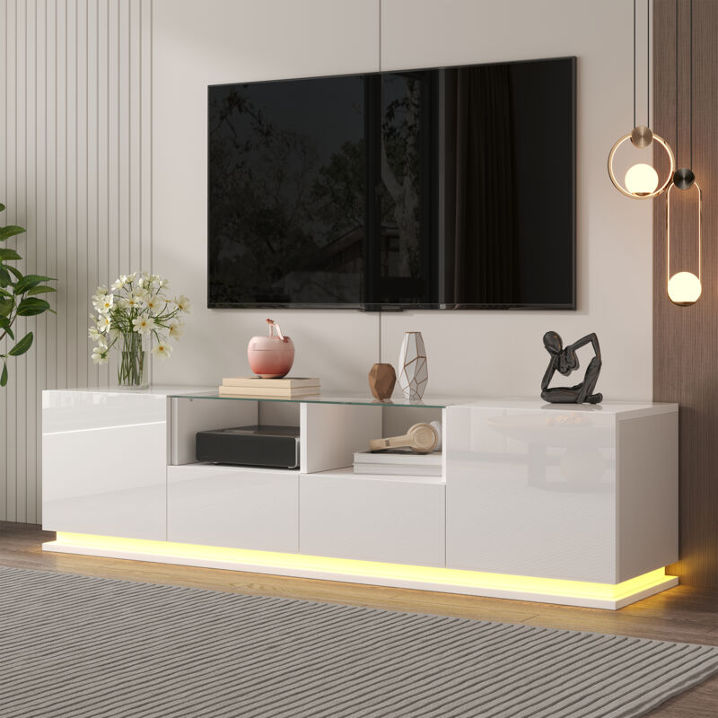 Meuble tv led blanc, Meuble tv brillance avec étagères en verre, 2 tiroirs et 2 portes