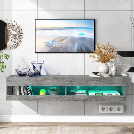 Meuble TV LED, panneau bas TV blanc brillant avec éclairage LED, beaucoup d'espace de rangement pour votre salon 140x40x30,5 cm, gris marbre