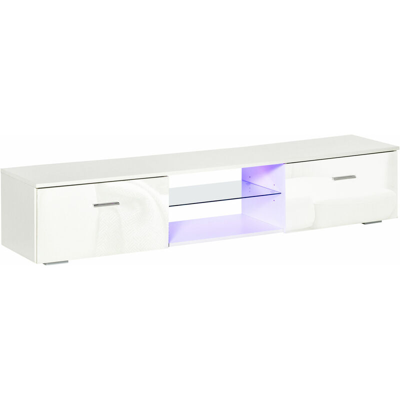 Homcom - Meuble TV LED style contemporain - 2 placards porte abattante, étagère verre - panneaux particules MDF blanc laqué