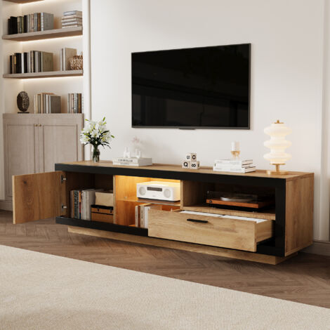Meuble TV LED160×40×50cm avec rangement ouvert, 1 porte 1 tiroir, meuble tele bas, jusqu'à 70 pouces, marron