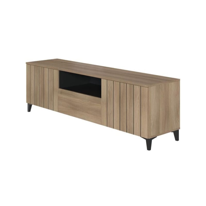 Meuble TV LINEAS - Mélaminé chene - 2 portes + 1 tiroir + 1 niche - L180 x P44 x H55 cm