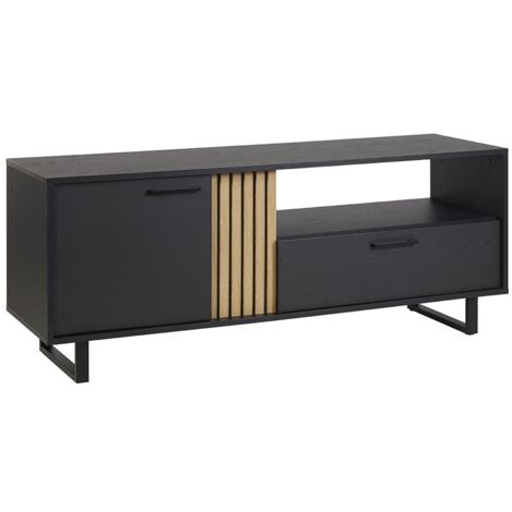 Meuble TV LOFT – Noir et chêne avec 2 portes et 1 niche – L164 x H64 x P50 cm