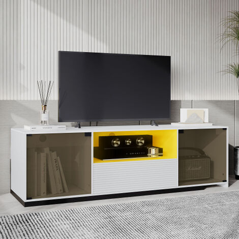 Meuble TV long avec clairage LED et design coulissant pour tlviseur de 60 pouces, plateau de table en marbre vein et design lgant en verre, avec 2 portes, 1 tiroir et 1 compartiment ouvert