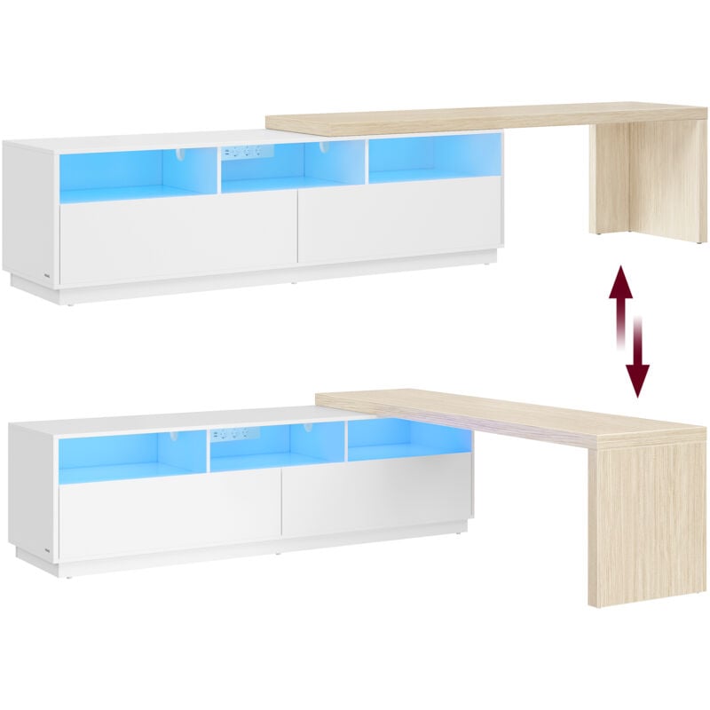 Meuble tv, Longueur Réglable 162-270 cm, Support Télé Modulable en l, 2 Tiroirs, 3 Casiers Ouverts, Bande led, Multiprise, Télévision Grand Écran,