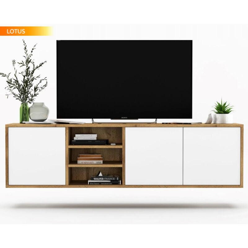 Dusine - Meuble tv lotus 200 cm portes blanc laquées à poser ou suspendre