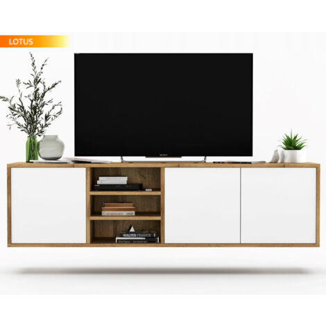Meuble TV LOTUS 200 cm portes blanc laquées A poser ou suspendre