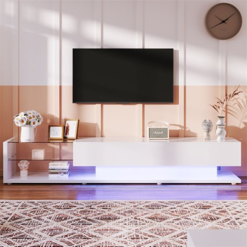 Eifson - Meuble tv low-board brillant 170 cm, avec paroi vitrée et éclairage led dimmable, avec deux tiroirs, style contemporain, 170x36x38 cm - Blanc
