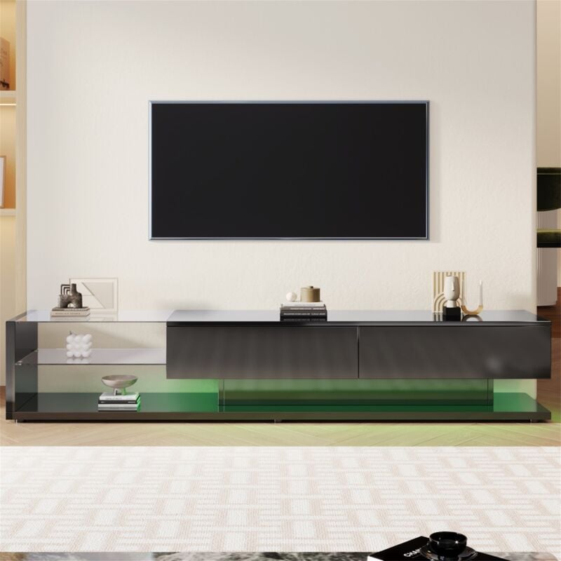 Eifson - Meuble tv low-board brillant 170 cm, avec paroi vitrée et éclairage led dimmable, avec deux tiroirs, style contemporain, 170x36x38 cm - Noir