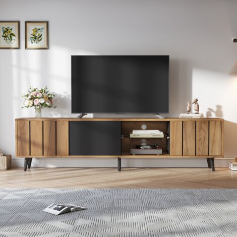Meuble TV lowboard 175cm noir/bois - 3 portes de rangement - Adapté pour téléviseur jusqu'à 75" - Design moderne salon