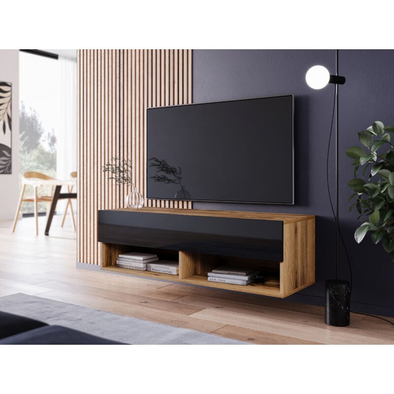 Meuble tv Lowboard a 100 cm, meuble tv avec éclairage led, deux étagères, coloris wotan / noir brillant