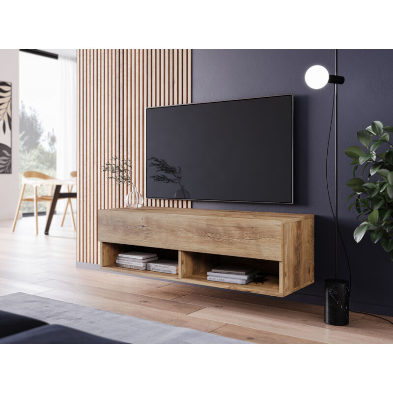 Meuble tv Lowboard a 100 cm, meuble tv sans éclairage led, deux étagères, coloris marron