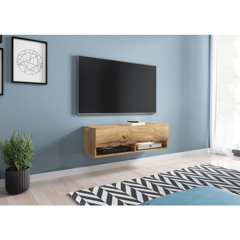 Meuble tv Lowboard a 100 cm, meuble tv avec éclairage led, deux étagères, couleur wotan