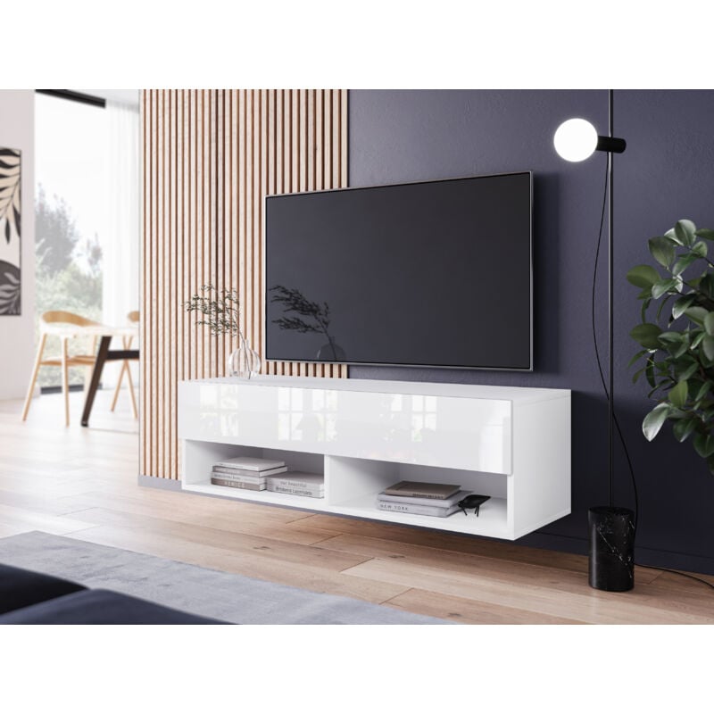 Meuble tv Lowboard a 100 cm, meuble tv sans éclairage led, deux étagères, couleur blanc / blanc brillant