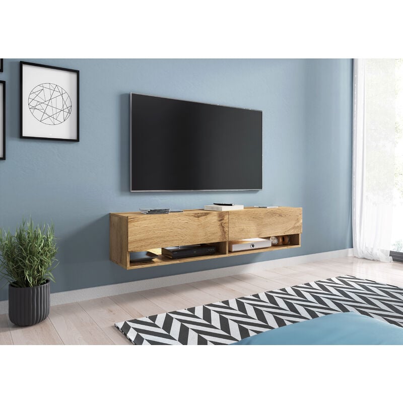 Meuble tv Lowboard a 140 cm, meuble tv avec éclairage led, deux étagères, couleur wotan