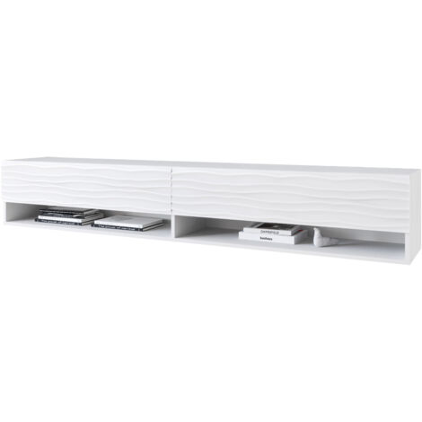 Meuble TV Lowboard A 180 cm, meuble TV avec éclairage LED, deux étagères, couleur blanc ondulé