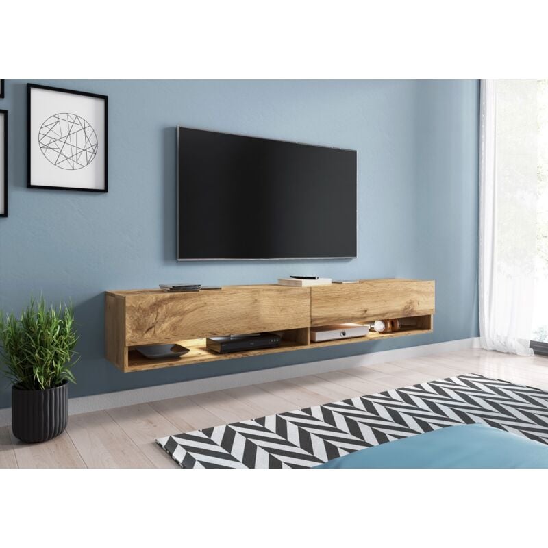 Meuble tv Lowboard a 180 cm, meuble tv sans éclairage led, deux étagères, couleur wotan