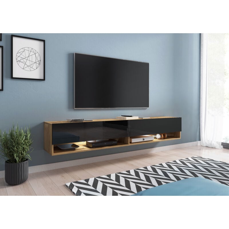Meuble tv Lowboard a 180 cm, meuble tv sans éclairage led, deux étagères, coloris wotan noir brillant