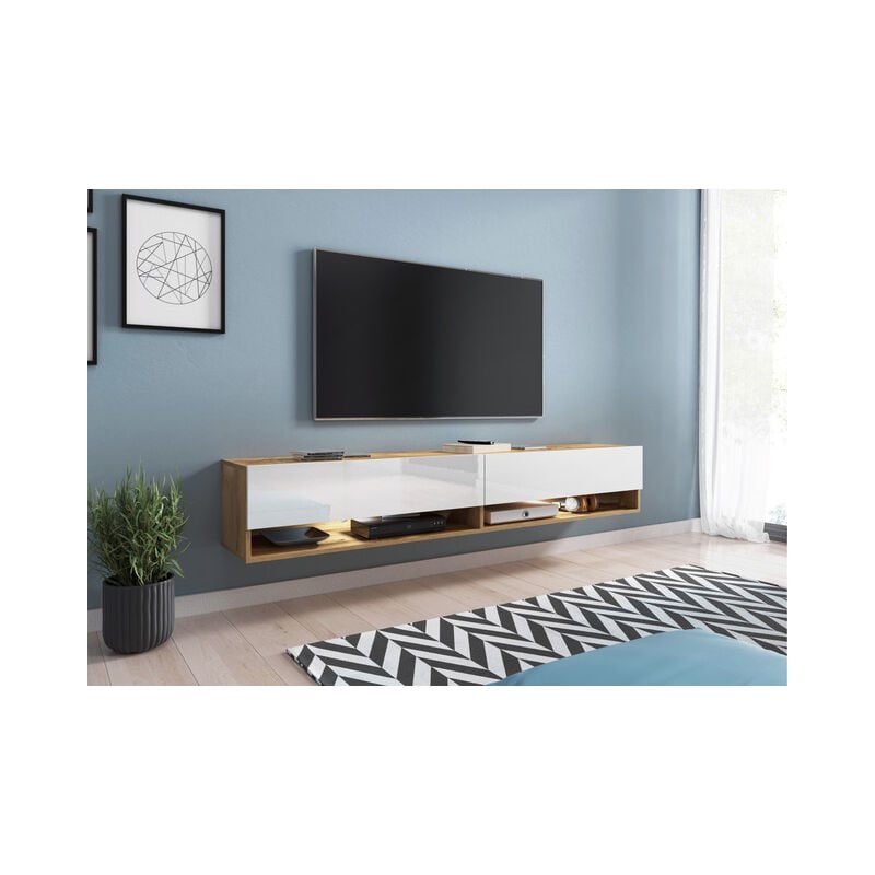 Meuble tv Lowboard a 180 cm, meuble tv avec éclairage led, deux étagères, coloris wotan blanc brillant