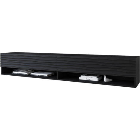Meuble TV Lowboard A 180 cm, meuble TV sans éclairage LED, deux étagères, couleur noir ondulé