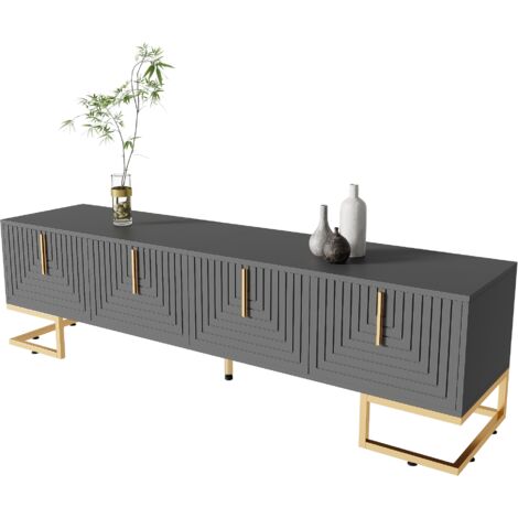 Meuble TV, lowboard avec porte texturée, meuble TV avec tiroirs, poignées dorées et pieds dorés.