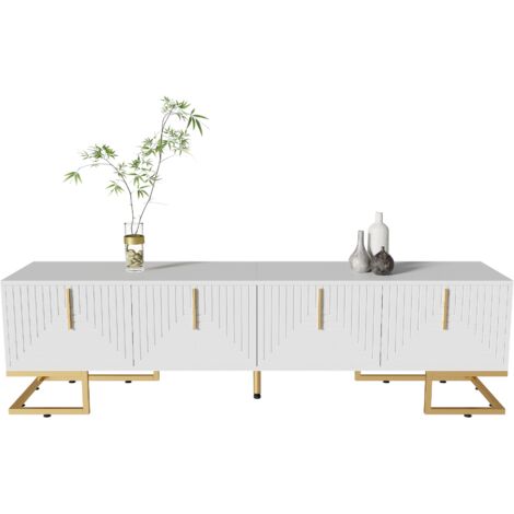 Meuble TV Lowboard Avec Porte Texturée, Poignées Et Pieds Dorés