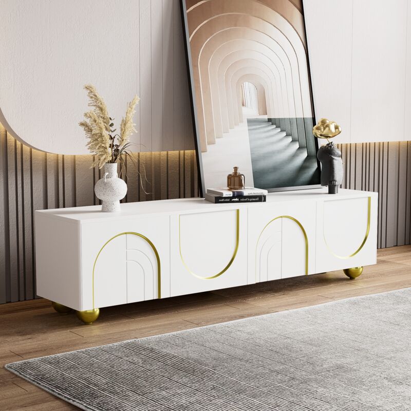 Meuble tv, lowboard avec portes structurées, décorations dorées, pieds ronds dorés, étagères incluses, ouverture par pression